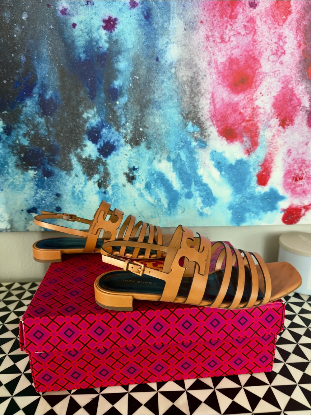 TORY BURCH INES CAGE SANDAL VACHETTA LEATHER COLOR BRANDY SZ 8.5 (STYLE 155348)